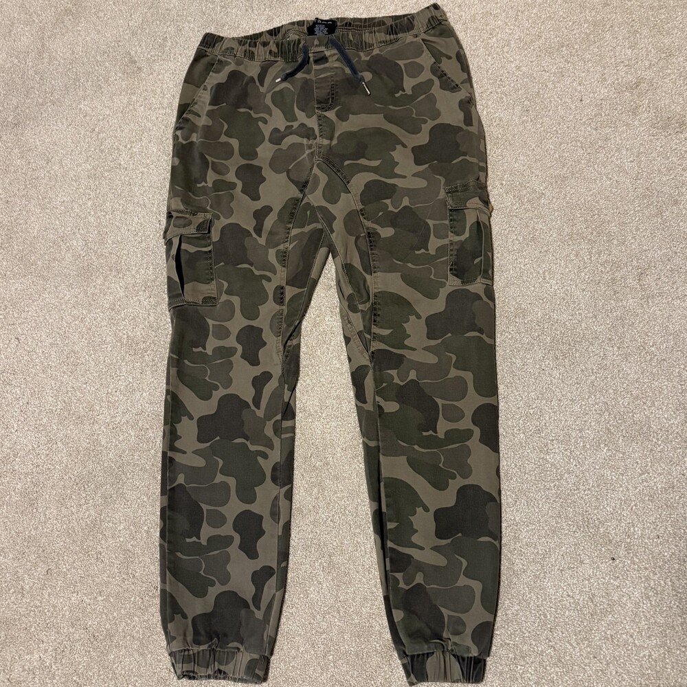 WT02 Mens XL Camo Cargo Jogger Pants Pocket Elastic Cuff Street Green 34x30
